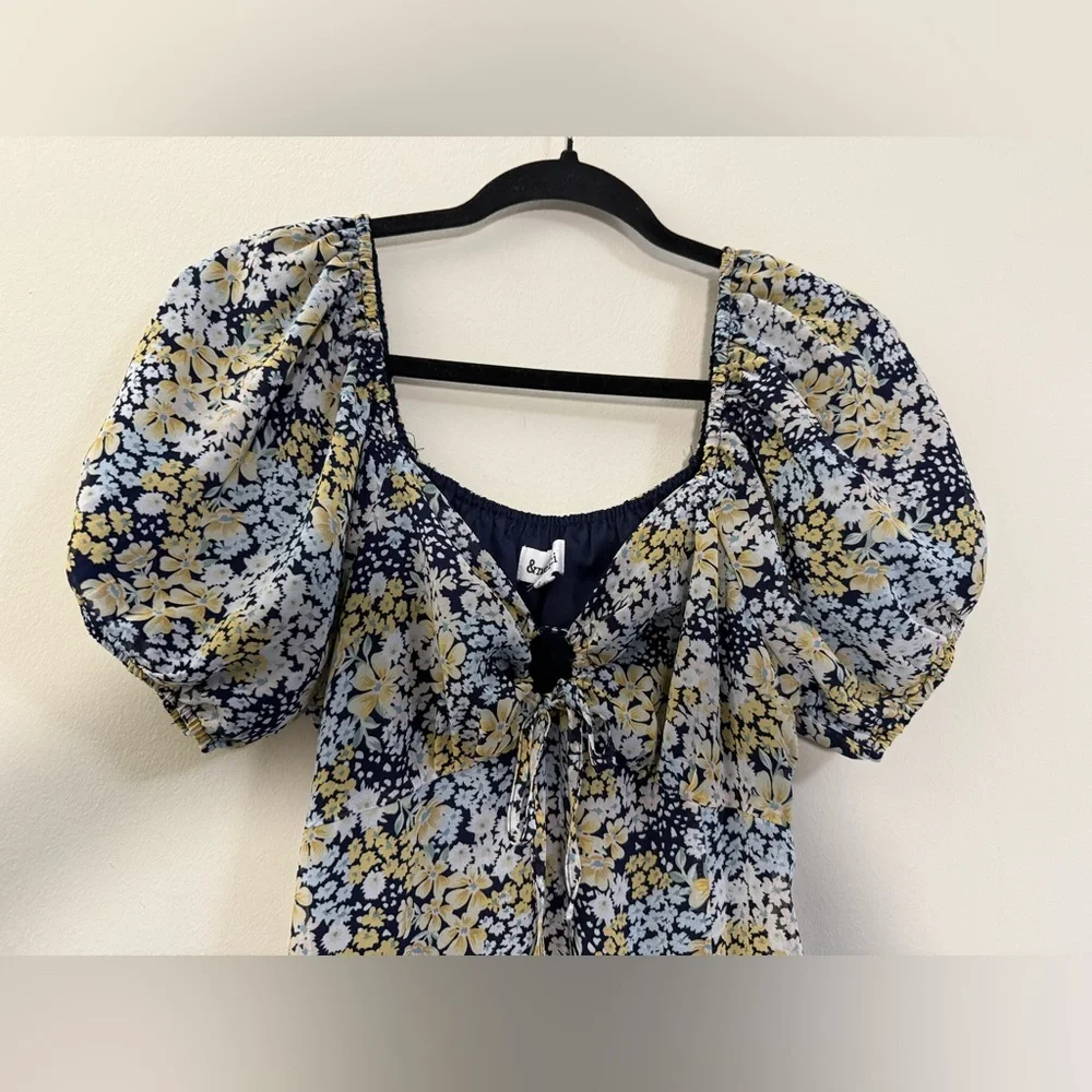 & MERCI Floral Puff Sleeve Maxi Dress in‎ Blue and Yellow - M